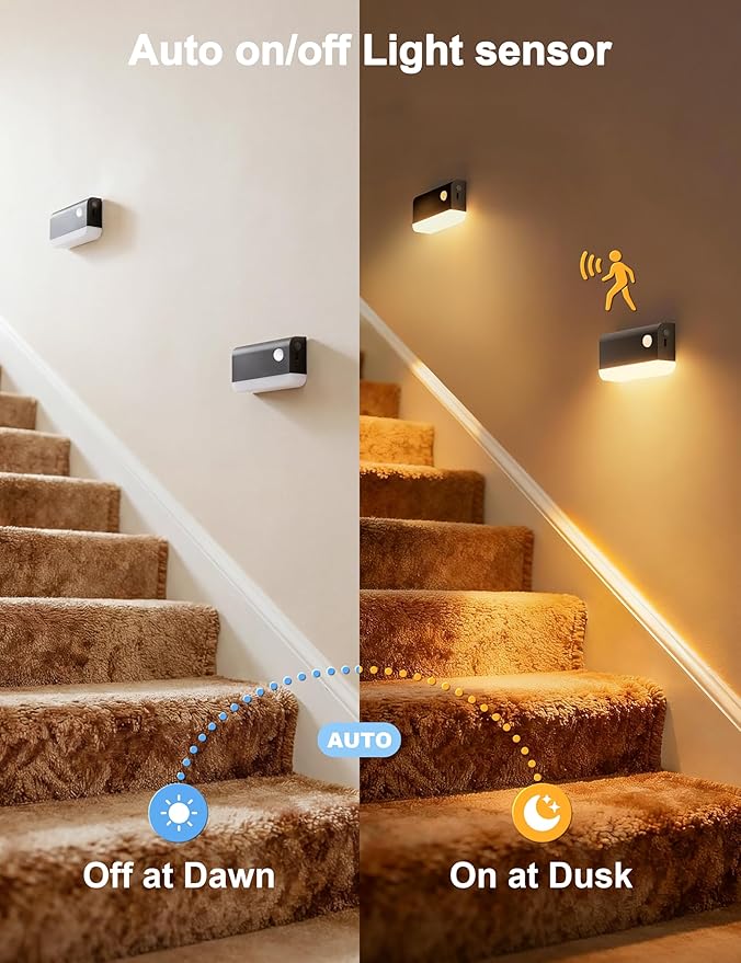NIORSUN Motion Sensor Stair Lights Indoor, 6 Pack Rechargeable Wireless Step Lights with 3 Color Temperatures, 1200mAh Battery, Magnetic Base for Hallway, Closet, Bathroom, Black