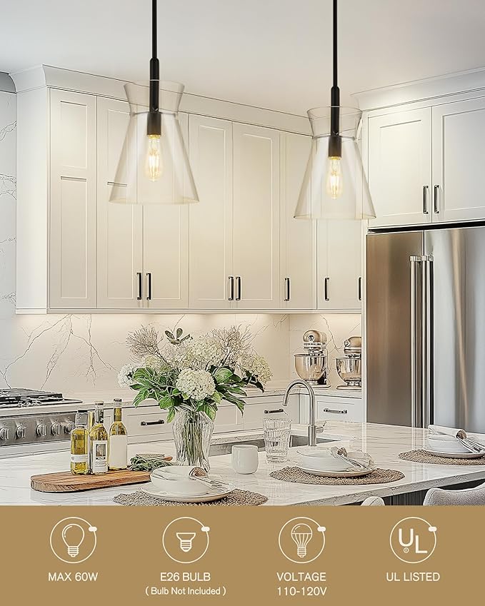 Emak 9 Inch Black Pendant Light, 2 Pack Large Pendant Lights Kitchen Island with Clear Glass Shade, Modern Farmhouse Hanging Light Fixture for Kitchen, Dining Room, Bathroom, PL130-BK-CG-2PK
