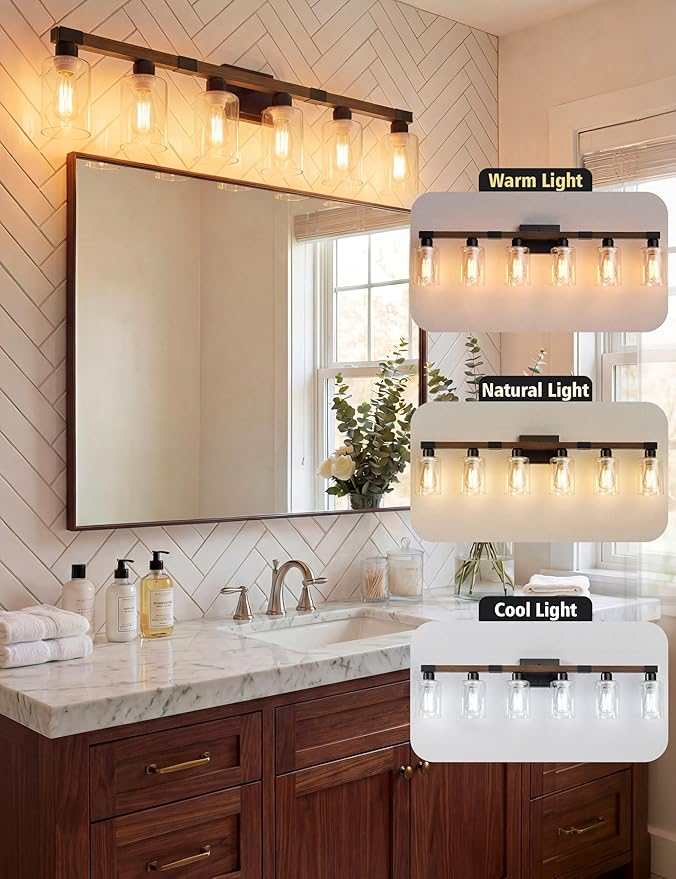 VOLISUN Farmhouse Bathroom Light Fixtures, 6 Light Bathroom Vanity Lights Over Mirror, Rustic Vanity Light for Bathrooms,Wood Bathrooms Lights Fixtures Over Mirror-UL Certificated