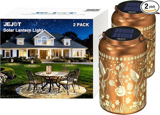 JEJOT Hummingbird Solar Lanterns Outdoor Waterproof, Mothers Day Gifts, Birthday Gifts for Women Mom Grandma,Metal Hanging Solar Lantern for Yard,Garden,Porch Landscape Deconrations-2 Pack