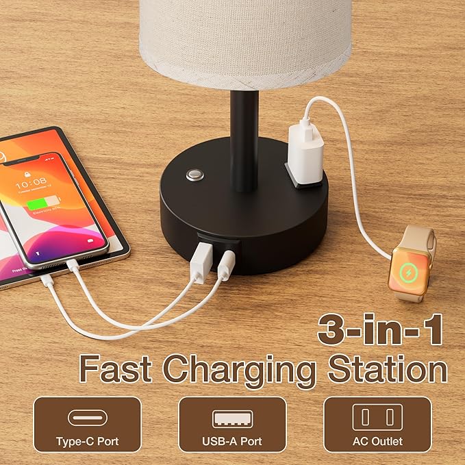 Touch Bedside Table Lamp with Memory - Stepless Dimmable Lamp for Bedroom, Small Nightstand Lamp with Dual USB Charging Ports and AC Outlet, Wood Night Light, Deak Lamp for Nursery (Beige & Black)