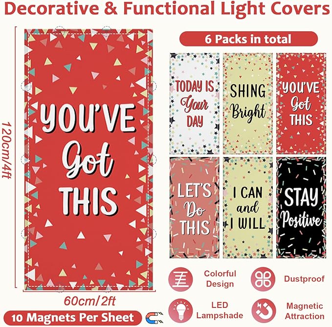 QOUBAI 6Pcs Fluorescent Light Covers, 4x2 Feet Magnetic Light Cover Fluorescent Light Shade Panel Positive Inspirational Ceiling Lights Filters for Office Classroom Home Drop Ceiling Colorful Confetti