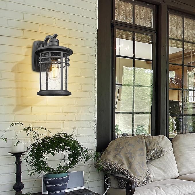 Darkaway Dusk to Dawn Outdoor Porch Wall Light,Outside Wall Mounted Light Seeded Glass Exterior Waterproof Lantern 14.57inch Large Modern Wall Sconce Lighting for House Front Door Garage