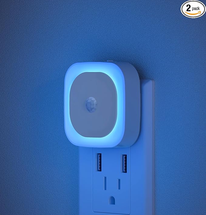 YUNLEX 2 Pack Plug in Night Light with Motion Sensor & Dusk to Dawn Sensor, 3 Sensor Modes, Auto ON/Off, Dimmable, Night Lights Plug into Wall for Bathroom, Kitchen, as Mother Gifts, Light Blue