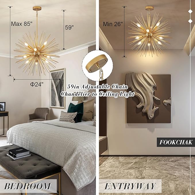 24in Gold Sputnik Chandelier 9-Light Starburst Chandelier Light Fixture Solid Metal Mid-Century Modern Satellite Light Fixture for Dining Room Bedroom Bathroom Entryway Kitchen Island