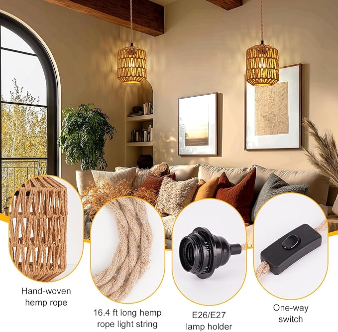 Pendant Light Hanging Lights 15ft Plug in Pendant Light - Hanging Light with On Off Switch Plug in Cord Pendant Light Fixture E26 E27 Light SocketCord for Bedroom Living Room ( 5-Paper Cord Shade)