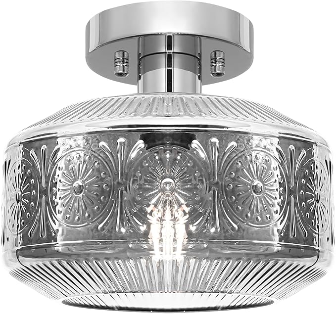 DSMJFU Semi Flush Mount Ceiling Light, Vintage Small Ceiling Light Fixture, Smokegray Thickened Glass Hallway Lighting Fixture, Chrome Kitchen Ceiling Mount Light for Entryway Bedroom Bathroom Kitchen