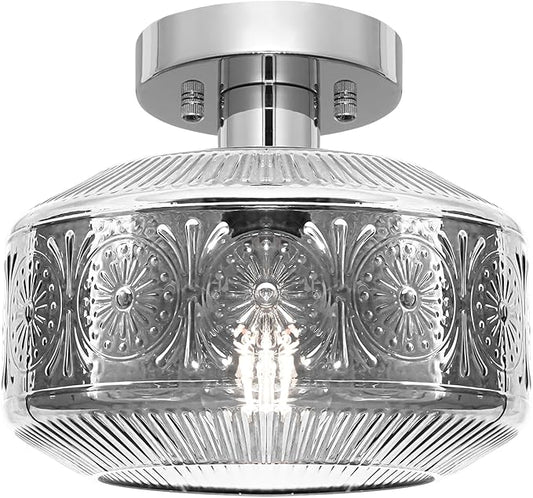 DSMJFU Semi Flush Mount Ceiling Light, Vintage Small Ceiling Light Fixture, Smokegray Thickened Glass Hallway Lighting Fixture, Chrome Kitchen Ceiling Mount Light for Entryway Bedroom Bathroom Kitchen