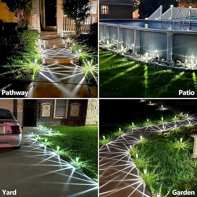 DenicMic Solar Pathway Lights Outdoor Waterproof 6000K Cold White LED Decor | Yard Garden Driveway Walkway Landscape Path Lights Diamond-like Style Starburst Light Pattern, Acrylic/Stainless Steel 15Pack