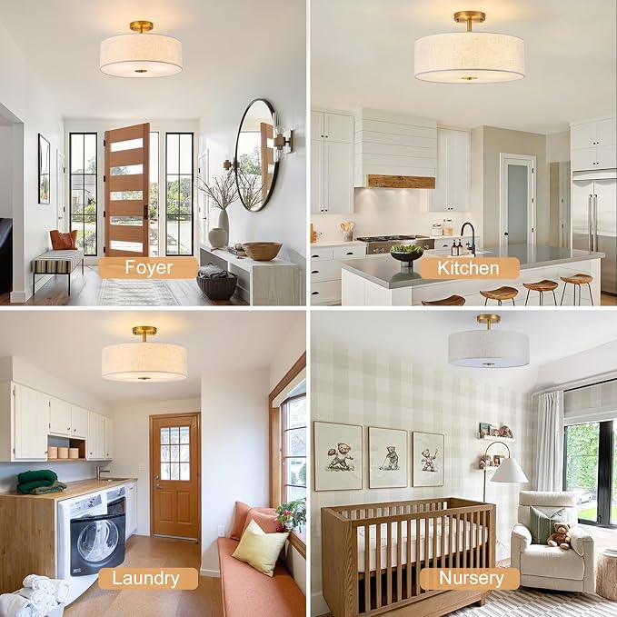 Bargeni Semi Flush Mount Ceiling Light Fixture,16 inch Drum Flush Mount Ceiling Light, Modern Light Fixtures Ceiling Mount with Matte Brass Finish, Semi Flush Ceiling Light for Bedroom,Dining Room