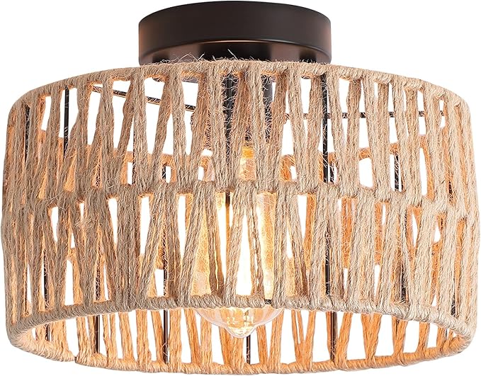 Coastal Woven Flush Mount Ceiling Light Fixture Rustic Industrial Hemp Rope Semi Flush Mount Ceiling Light for Hallway Bedroom Farmhouse Kitchen Entryway Hall, Black