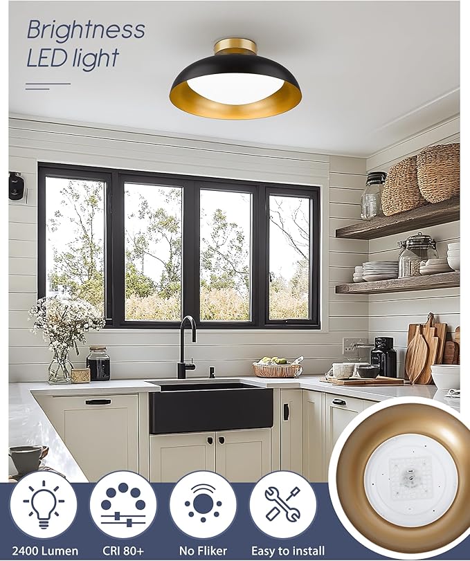 Kudos 16 Inch Flush Mount LED Ceiling Light, 2 Pack - Black & Gold, 24W 2400Lm, 5Cct Adjustable for Kitchen, Hallway, Bathroom