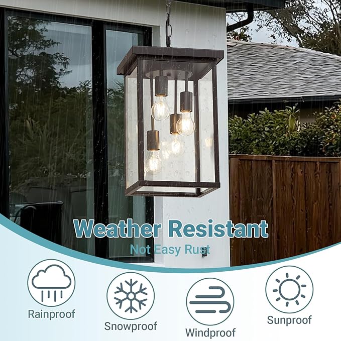 LOUSACE 16'' Outdoor Pendant Light Oil Rubbed Bronze 4-Light Large Outside Pendant Porch Lights Ceiling Haninging Outdoor Chandelier with Clear Glass Exterior Lighting Fixtures for Front Door Entryway