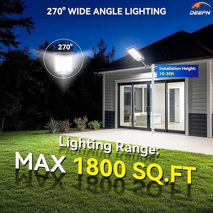 Deepn Solar Lights Outdoor Waterproof, Solar Street Lights Outdoor, 6500K LED Dusk to Dawn Security Flood Light Motion Sensor with Remote Control for Yard, Parking Lot, Porch, Garages, Garden, 2 Pack