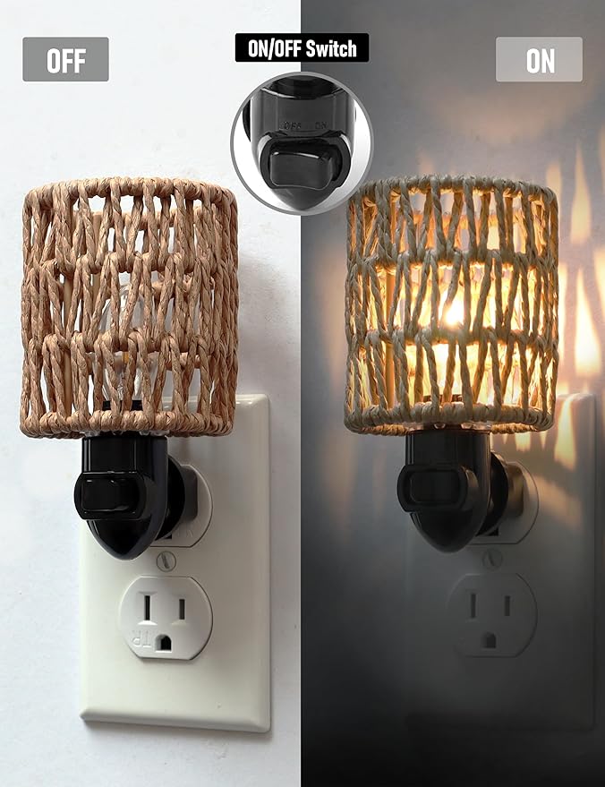 Boho Plug in Night Light with Switch, 2-Pack Farmhouse LED Night Lights Plug into Wall Socket, 0.5W Baby Nursery Nightlight with Bohemian Rattan Lamp Shade for Adult Kids Room Bathroom Hallway