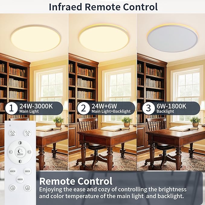 11 Inch Flush Mount Ceiling Light with Night Light, 24W 2400LM, Dimmable LED Ceiling Lights Fixture with Remote Control, 3000K/4000K/6500K Selectable, Slim Bright Bedroom Light Fixture, Round White