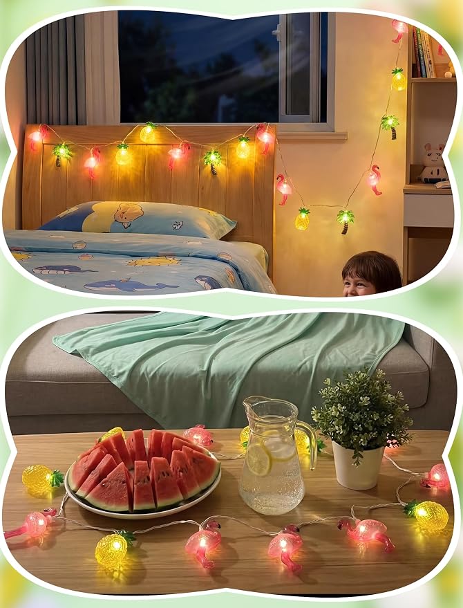 8.5FT Hawaiian Tropical String Lights 10LED Plug in Fairy Lights – Flamingo Pineapple Palm Tree, Waterproof Connectable Outdoor Lights for Luau Party Beach Pool Patio Indoor Summer Decor, UL Listed