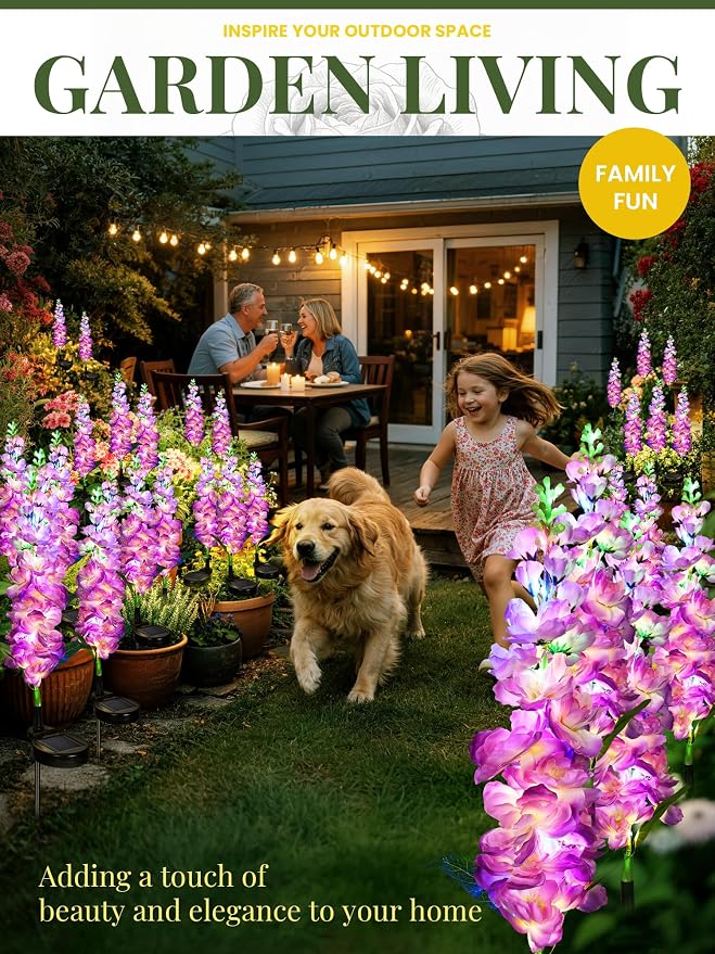 GIGALUMI Solar Lights Outdoor for Garden Decor, 3 Pack Solar Flower Lights Waterproof, 2 Lighting Modes Delphinium for Pathway,Yard, Patio, 4th of July Decoration, Gifts for Women (Purple)