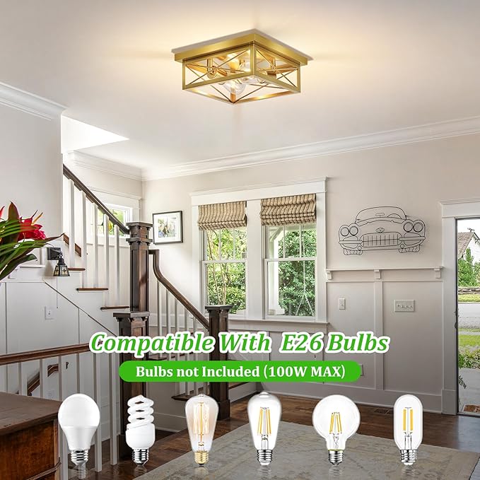 Gold Hallway Light Fixtures Ceiling, 2-Light Farmhouse Vintage Flush Mount Ceiling Lights, 2-Pack Brass Metal Kitchen Light Fixtures, Close to Ceiling Lights for Bedroom Living Room Entryway