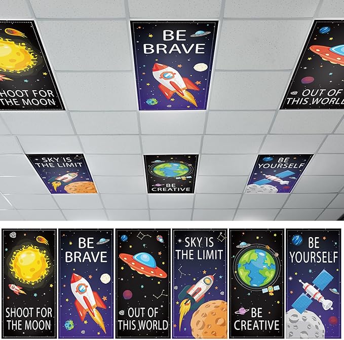 6 Pcs Fluorescent Light Covers with 60 Magnets Decorative for Classroom Ceiling Lights 4 x 2 Feet Magnetic Light Cover Filter Easy Install for Office Hospital Home Ceiling Supplies (Outer Space)