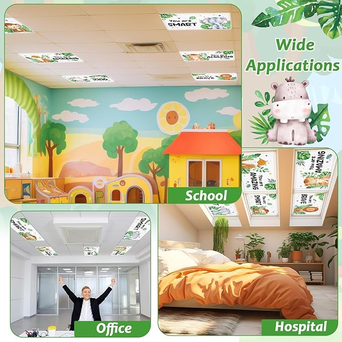 6 Pcs Fluorescent Light Covers with 60 Magnets Decorative for Classroom Ceiling Lights 4 x 2 Feet Magnetic Light Cover Filter Easy Install for Office Hospital Home Ceiling Supplies (Jungle Animals)