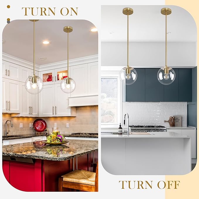 Bagood 6 Inch Globe Pendant Light Gold Mid Century Pendant Light Contemporary Globe Pendant Lights Kitchen Island Clear Glass with Brass Finish Adjustable Hanging Light Fixture for Kitchen Island