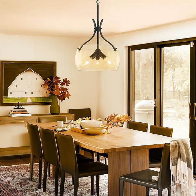 15.7" Glass Chandelier,3-Light Modern Black Chandelier with Clear Glass Shade,Farmhouse Round Hanging Light Fixture for Dining Room Kitchen lsland Hallway Foyer