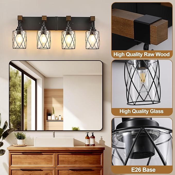 Farmhouse Bathroom Light Fixtures, 4 Light Bathroom Vanity Light with Metal and Glass Lampshade, Wood Rustic Lighting Fixtures Over Mirror, Black Wall Sconces for Living Room, Bedroom