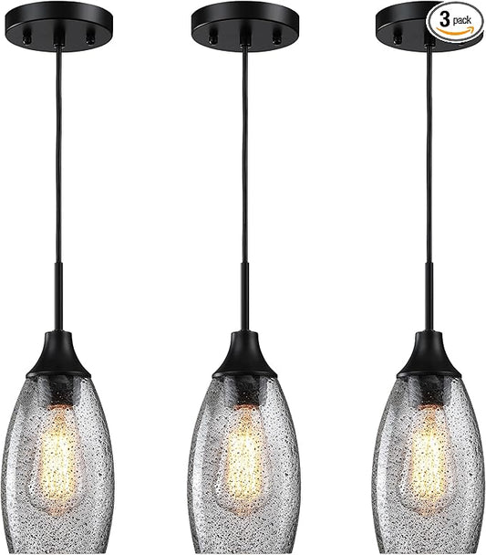 Viinew Mini Glass Pendant Light,4.72" Black Glass Hanging Light 3-Pack Handblown Clear Black Seeded Shade Adjustable Cord Ceiling Light Fixture for Kitchen Island Sink