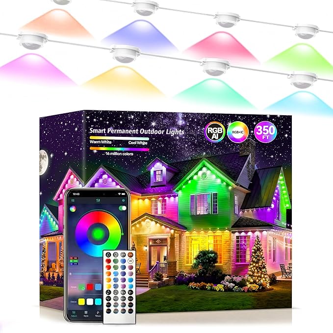 Permanent Outdoor Lights 350ft RGB+IC Outdoor String Lights App Control IP67 Waterproof,120 Scene Modes Decorations for Home, Christmas Lights,Halloween,Holiday, Daily,Birthday,Party( 175ft*2pack)