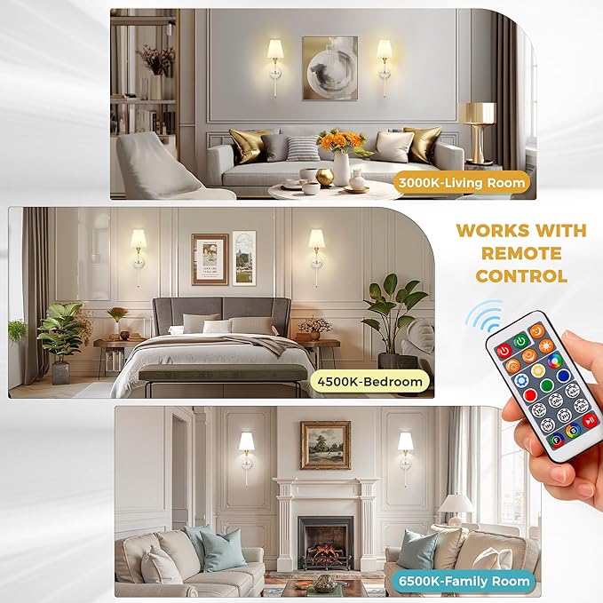DORESshop Battery Operated Wall Sconce Set of 2, Wireless Wall Light Easy to Install, 7 Color Rechargeable Wall Sconces, Sconce Wall Decor Set of 2 for Bedroom, Living Room, Gold and White, 24.6in