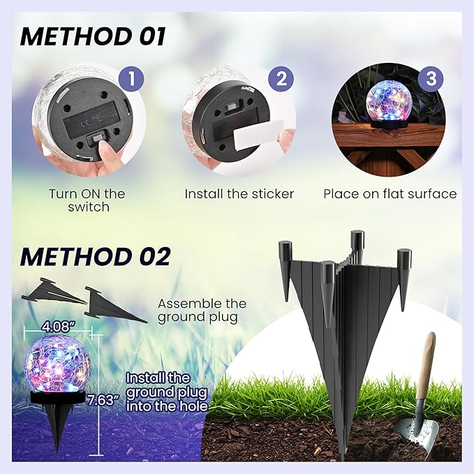 Solar Lights Outdoor for Yard Patio Porch, Garden Decor Birthday Gifts for Mom Women, Solar Globe Lights Waterproof Cracked Glass Ball Outdoor Decorations Balcony Backyard (2 Pack Multicolor)