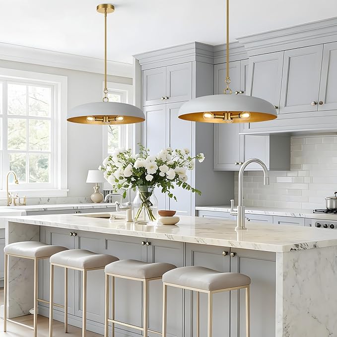 19.7 Inch Extra Large Pendant Light, 3-Light Gray and Gold All Metal Pendant Lighting Fixture, Oversized Modern Dome Chandelier Ceiling Hanging for Kitchen Island Dining Room Living Entryway