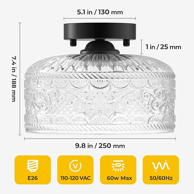 Semi Flush Mount Ceiling Light Black, Upgraded Larger Vintage Glass Pendant Lamp Shade, Modern Farmhouse Light Fixture for Hallway Corridor Kitchen Entryway Bedroom, Bulb Not Included