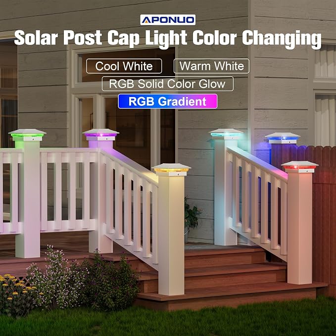 APONUO Solar Post Cap Lights Color Changing - RGB 8 Solid & Gradient Colors, IP65 Waterproof, for 4x4 5x5 6x6 Wood Vinyl Fences, Deck, Patio, Yard, White, 16 Pack