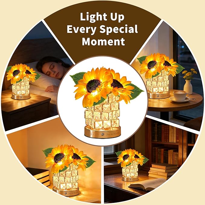 Sweet Mother’s Day Gifts Sunflower Crystal Cube Lamp,3 Color Dimmable Small Night Light, Rechargeable Cordless Touch Flower Table Lamp for Festival Restaurant Bedroom Bar Cafe Home Decor