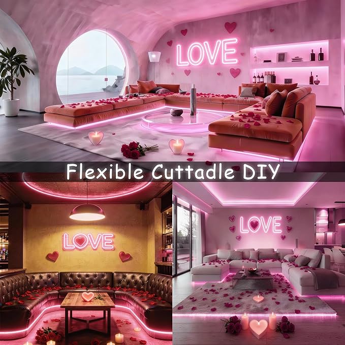 Pink 30ft Led Lights Strip Valentines Day Decor Rope Lights Easy DIY Princess Bedroom Cuttable Strip Lights for Baby Room Bathroom Living Room Kitchen Ceiling Wall Vanity Mirror Decoration