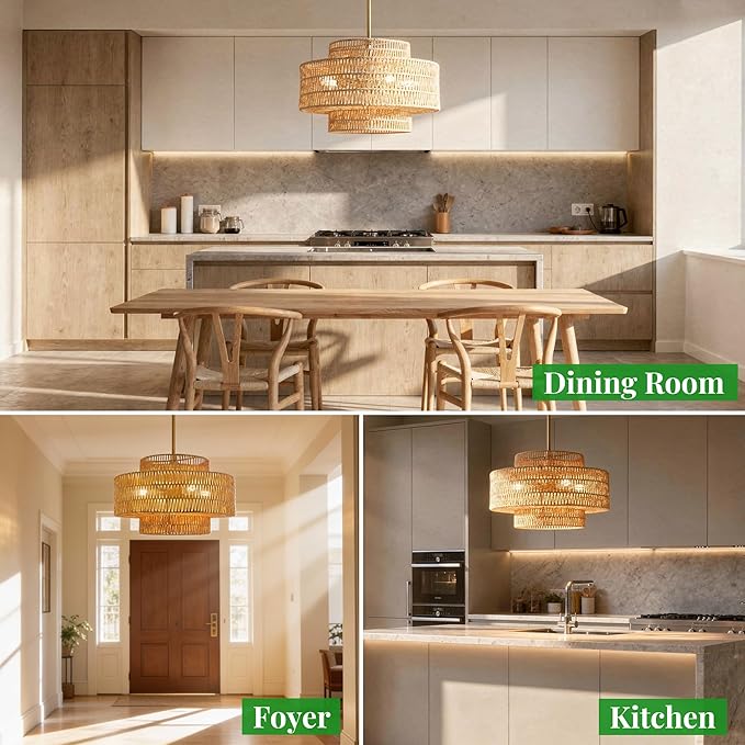 4 Light Pendant Lighting, Farmhouse Hanging Light Fixture for Kitchen Island & Dining Room, Industrial Vintage Ceiling Lamp with E26 Base, Adjustable Height, 20” Large Boho Rattan Chandelier