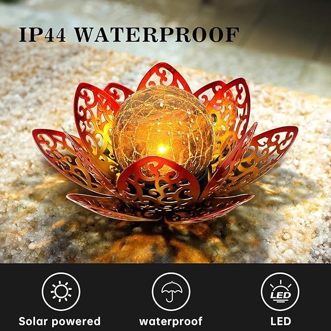 2 Pack Solar Garden Decor Lights Outdoor, Decorative Lotus Flower Solar Lights with Crackle Glass Globe, Waterproof Metal Solar Lights for Patio Yard Lawn Walkway Garden Decor