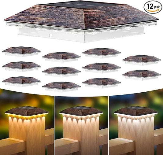 Mlambert 12 Pack Solar Post Cap Lights Outdoor - 3 Lighting Modes Waterproof LED Solar Post Lights Fit 3.5×3.5 Wood/4×4 Vinyl Fence Deck Posts, Brown