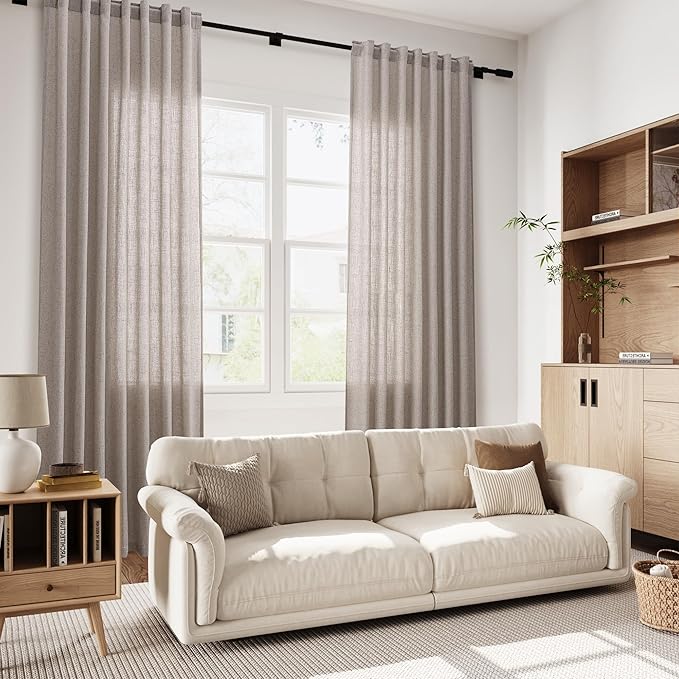 Nanspring Brownish Grey Linen Curtains for Living Room 98 Inches Long Back Tab Light Filtering Semi Sheer Curtain Modern Farmhouse Decor for Bedroom Office Luxury Textured Drapes 52x98, 2 Panels