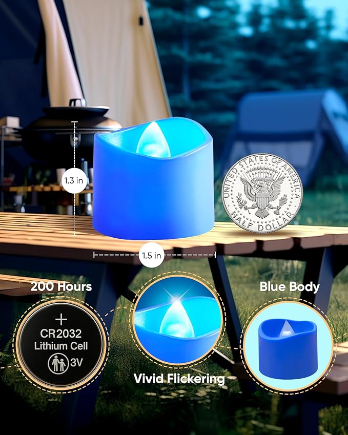 Raycare 24 Pack Blue Battery Operated Tea Lights, 200+Hour Electric Flickering Flameless Candles, Realistic Votive LED Tea Lights for Wedding Party Table Thanksgiving Christmas Decorations