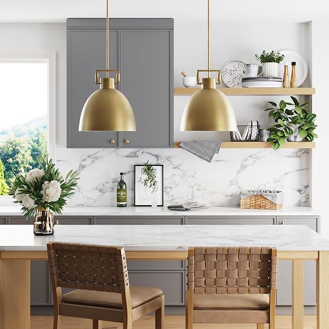 Nathan James Leigh Pendant Lighting, Hanging Ceiling Light with Oversized Metal Shade and Adjustable Cord, for Kitchen Island or Entryway, Antiqued Brass