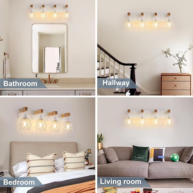 Farmhouse Vanity Light for Bathroom, 4-Light White Wood Bathroom Vanity Light Fixtures Over Mirror, Rustic Sconces Wall Lighting with Metal Lampshade for Living Room, Bedroom, Hallway