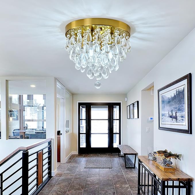 YYJLX Crystal Flush Mount Ceiling Light Modern Crystal Chandelier Gold 4-Light Fixture for Hallway Bedroom Entryway Bathroom Closet