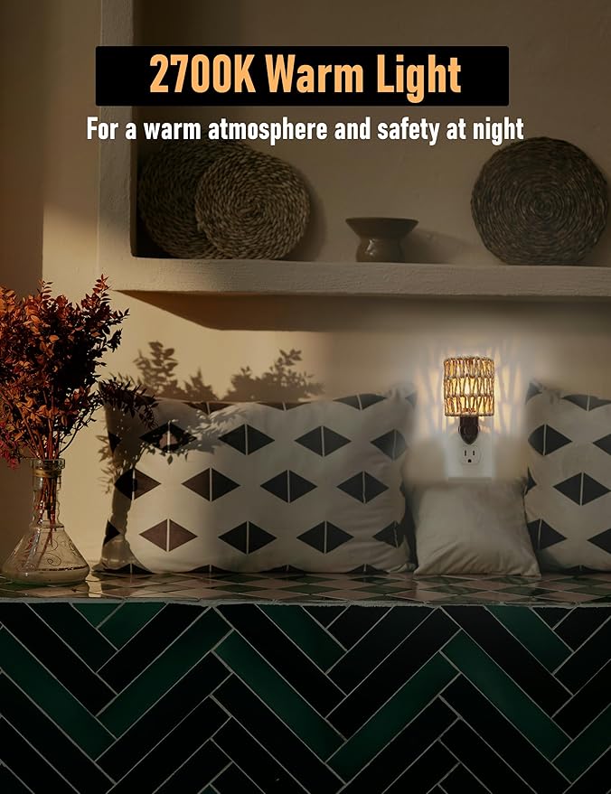 Boho Plug in Night Light with Switch, 2-Pack Farmhouse LED Night Lights Plug into Wall Socket, 0.5W Baby Nursery Nightlight with Bohemian Rattan Lamp Shade for Adult Kids Room Bathroom Hallway
