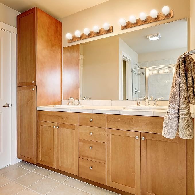 Design House 500215 5-Light Vanity Strip Light Contemporary Dimmable for Bathroom, Bedroom, Makeup Vanity, Honey Oak