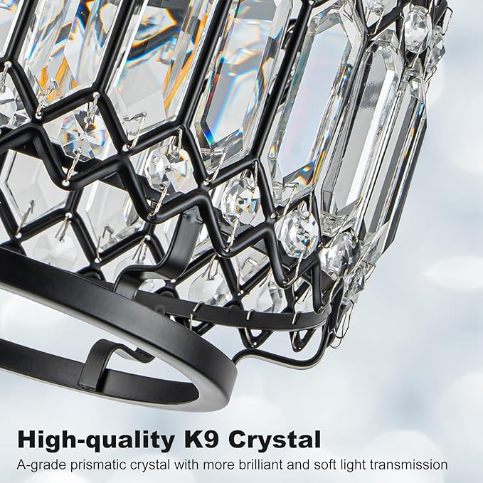 9" Modern Black Crystal Flush Mount Light - 50% Brighter LED, Dimmable Chandelier - Reinforced Iron Frame & K9 Crystals - Easy Install for Bedroom, Kitchen, Hallway