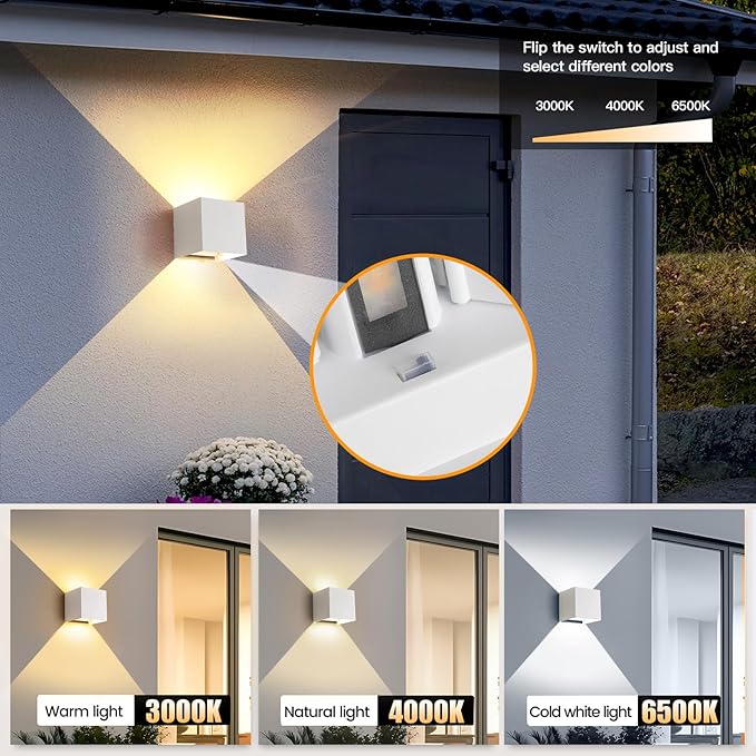 LED 15W Outdoor Sconce Lights Exterior/Interior 3 Colors Adjustable Wall Light Fixture IP65 Waterproof Porch Exterior Wall Sconce Modern Outdoor Lighting Square Aluminum White Up and Down Lights