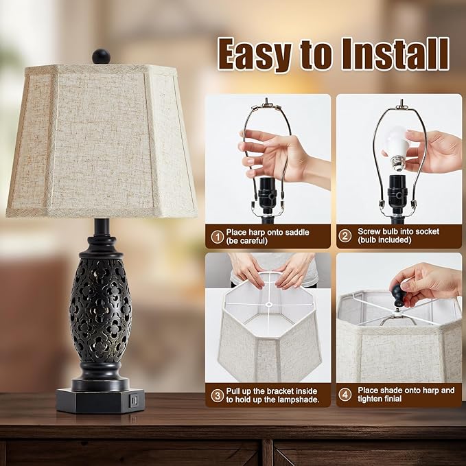 EJIAXIN Table Lamps Set of 2-23.5" Vintage Bedside Lamp with USB A+C and Nightlight - Black Carved Resin Retro Desk Lamp for Bedrooms, End Tables, Living Room, Bulbs Included